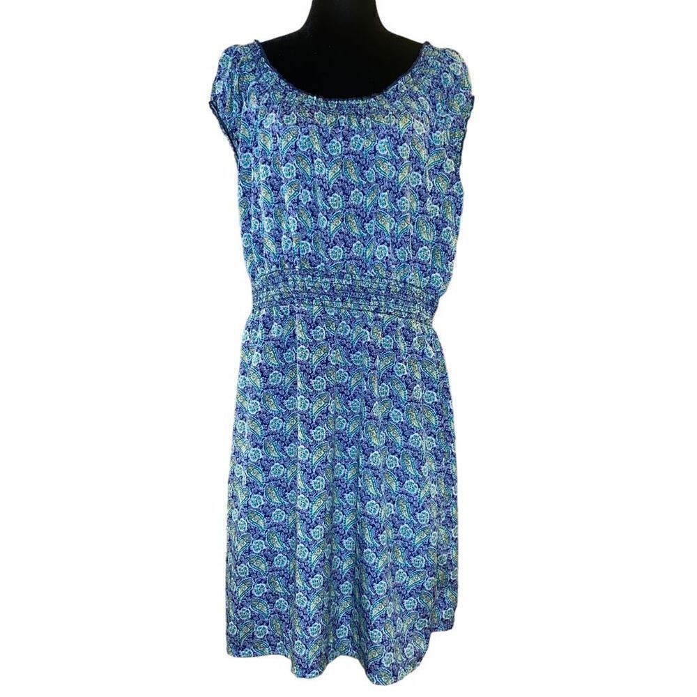 Christine V Navy‎ Blue and Green Paisley Cap Sleeve Sheath Dress NWT